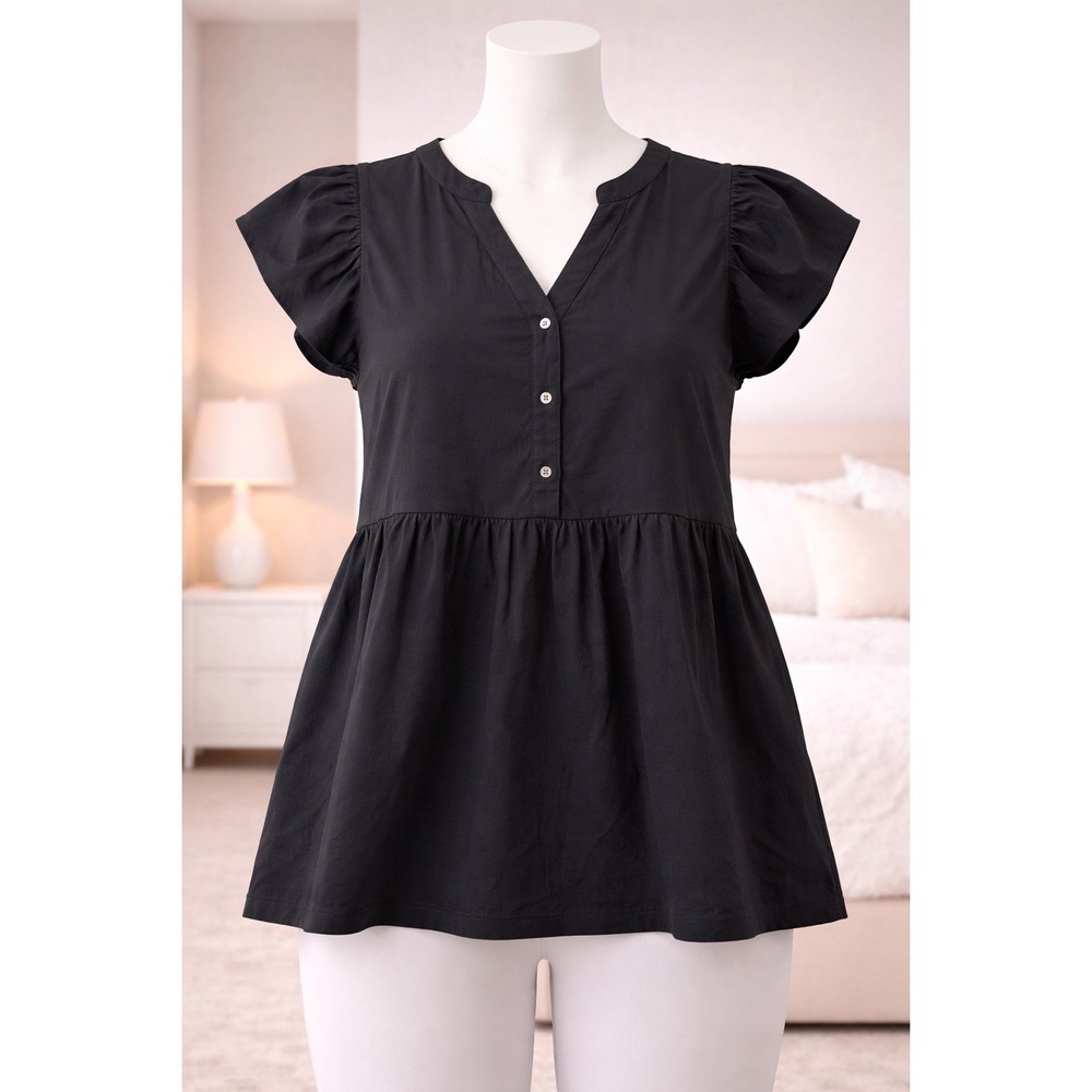 AnyBody Womens Black Peplum‎ Top Short Flutter Sleeve Button Neck 2X Plus Size